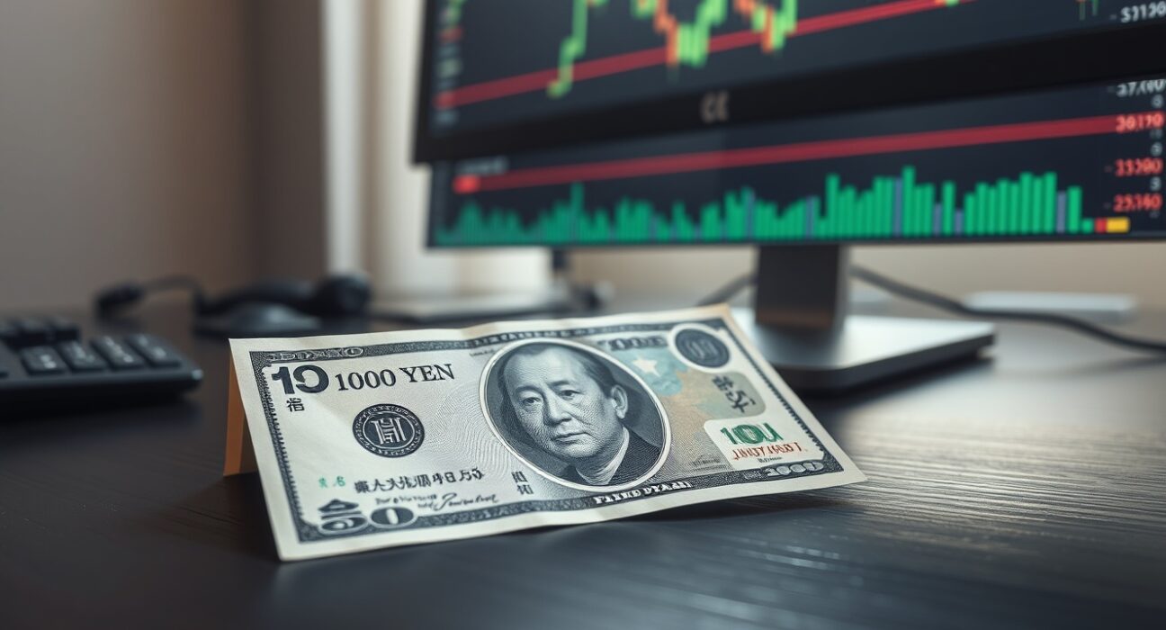 Japanese yen and US dollar banknotes on a desk with a forex chart in the background