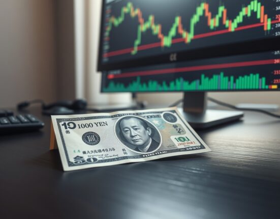 Japanese yen and US dollar banknotes on a desk with a forex chart in the background