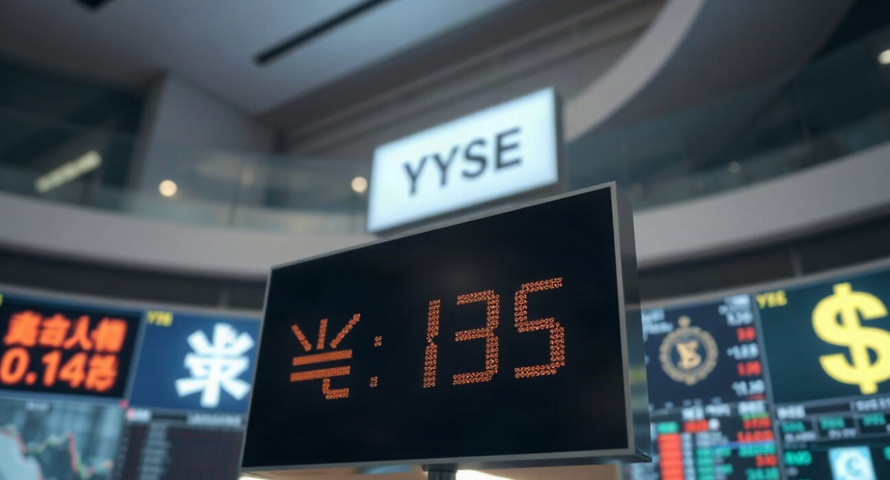 Japanese Yen and US Dollar exchange rate board on a trading floor