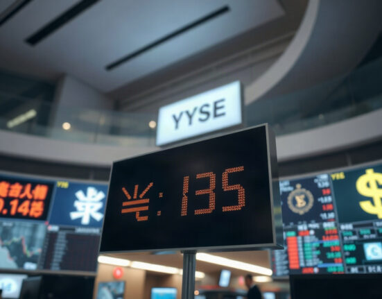 Japanese Yen and US Dollar exchange rate board on a trading floor