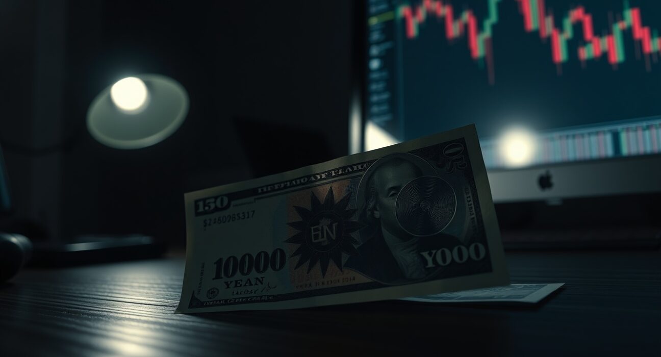Close-up of Japanese yen and US dollar banknotes on a desk with a financial chart in the background.