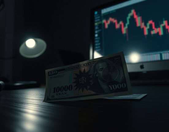 Close-up of Japanese yen and US dollar banknotes on a desk with a financial chart in the background.