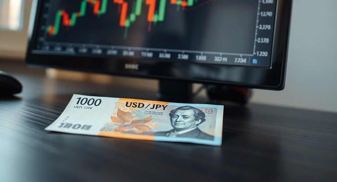 Japanese 10,000 yen note beside a computer screen showing USD/JPY forex chart
