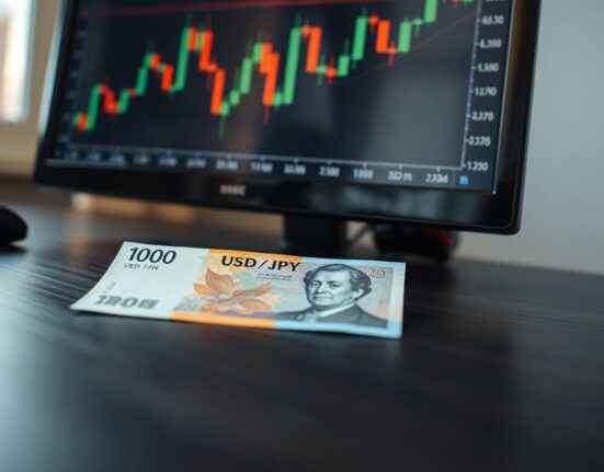 Japanese 10,000 yen note beside a computer screen showing USD/JPY forex chart