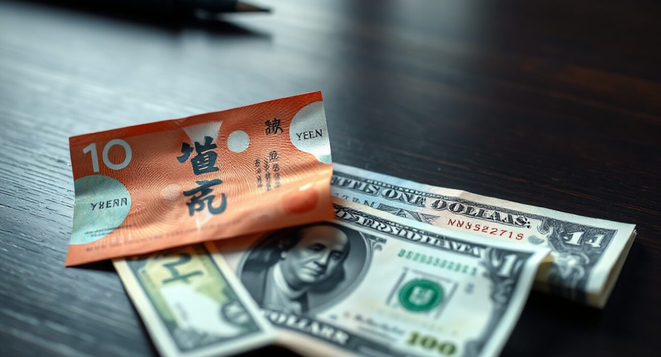 Japanese yen and US dollar banknotes on a desk with a financial chart background