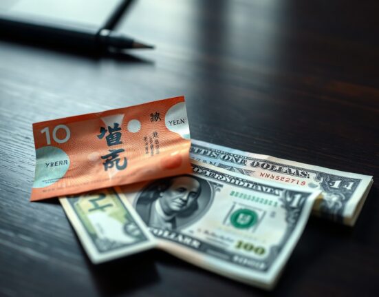 Japanese yen and US dollar banknotes on a desk with a financial chart background