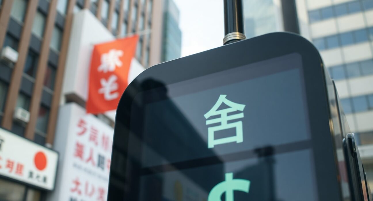 Currency exchange board showing yen and dollar symbols in Tokyo financial district