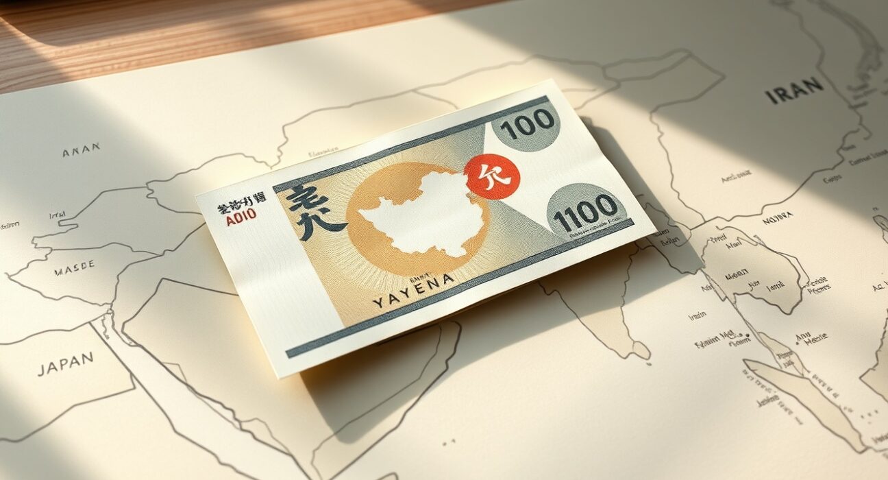 Japanese Yen banknotes over a world map illustrate the currency's strength amid US-Iran ceasefire news.