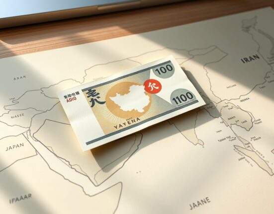 Japanese Yen banknotes over a world map illustrate the currency's strength amid US-Iran ceasefire news.