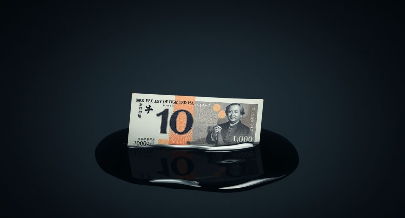 Japanese yen banknote partially submerged in oil, symbolizing currency pressure from high energy costs.