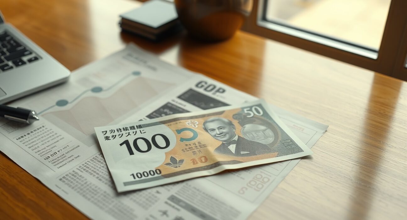 Japanese yen banknote on financial newspaper with GDP chart in background