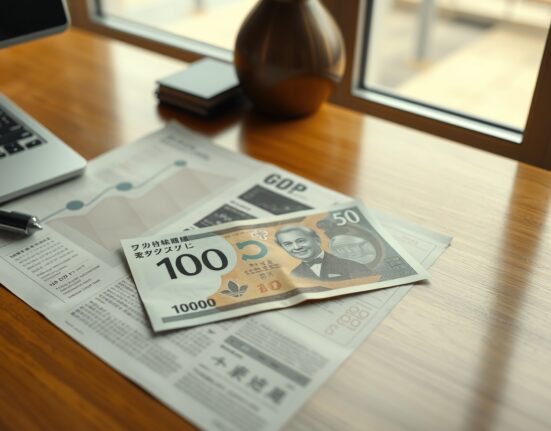 Japanese yen banknote on financial newspaper with GDP chart in background