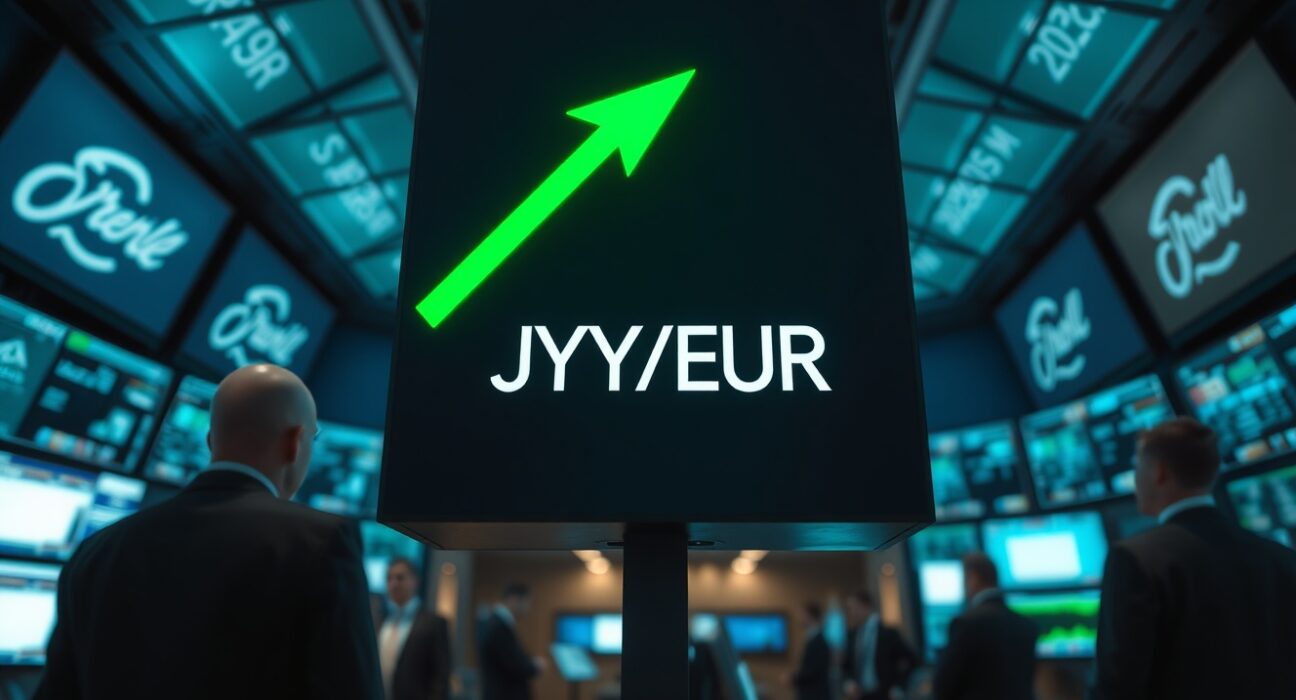 Digital trading board showing JPY/EUR exchange rate with green upward arrow, indicating yen strength after intervention warning.