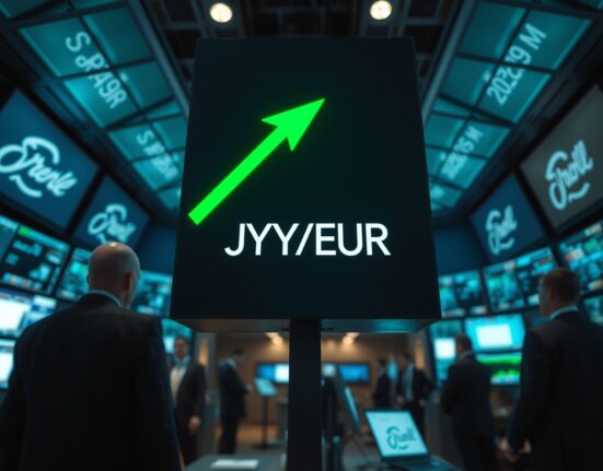 Digital trading board showing JPY/EUR exchange rate with green upward arrow, indicating yen strength after intervention warning.