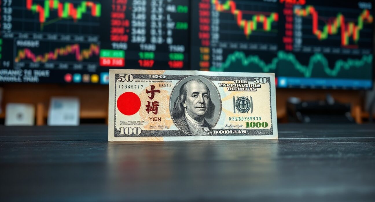 Japanese yen and US dollar banknotes on a dark surface with a blurred stock market chart background, representing currency exchange rate movements.