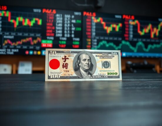 Japanese yen and US dollar banknotes on a dark surface with a blurred stock market chart background, representing currency exchange rate movements.