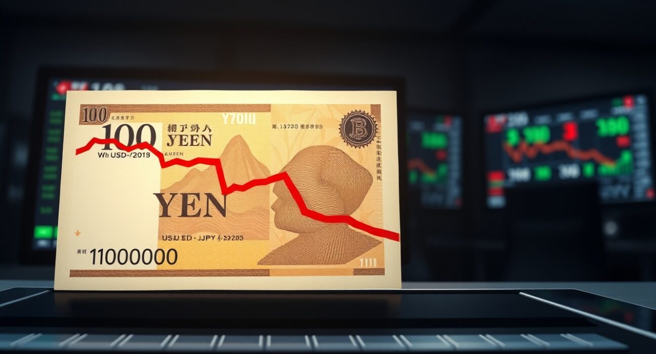 Japanese yen surges after intervention: USD/JPY chart and yen banknote on trading desk