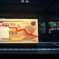 Japanese yen surges after intervention: USD/JPY chart and yen banknote on trading desk