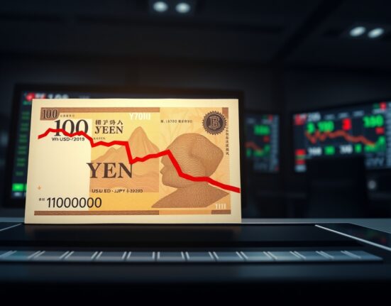 Japanese yen surges after intervention: USD/JPY chart and yen banknote on trading desk