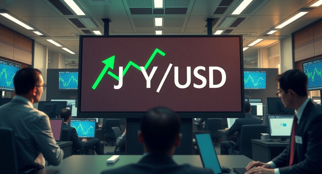 Japanese Yen surges against US Dollar on Tokyo trading floor display following Trump ceasefire news.