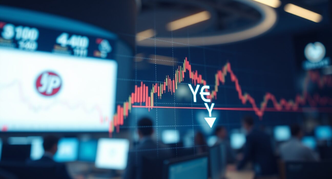 Financial market screen showing Japanese yen chart with downward trend after weak US jobs data