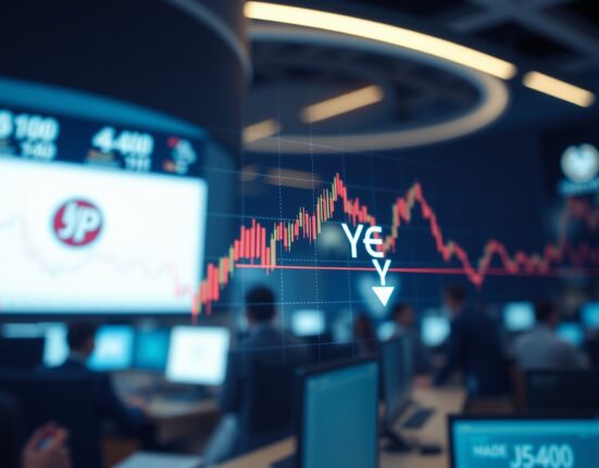Financial market screen showing Japanese yen chart with downward trend after weak US jobs data