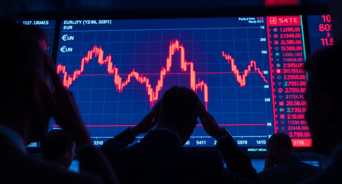 Forex trading screen showing sharp drop in EUR/JPY after suspected yen intervention