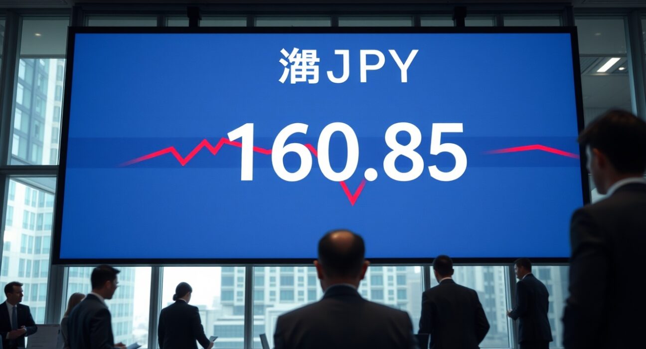 Digital currency exchange board in Tokyo showing USD/JPY rate at 160.85 with a downward red arrow