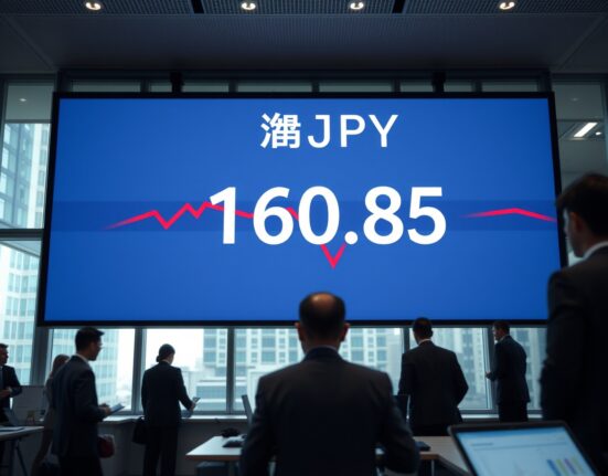 Digital currency exchange board in Tokyo showing USD/JPY rate at 160.85 with a downward red arrow