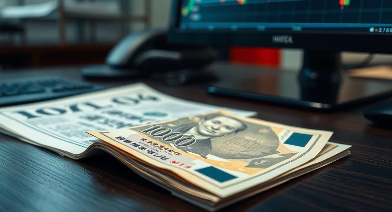 Japanese yen banknote on desk with financial newspaper and chart monitor