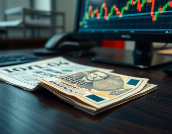 Japanese yen banknote on desk with financial newspaper and chart monitor