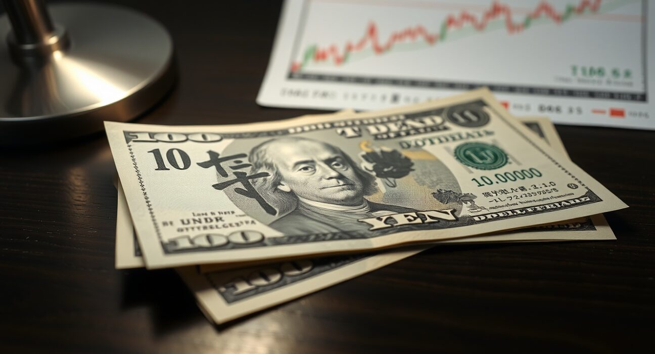Japanese yen banknote and U.S. dollar on desk with financial chart in background