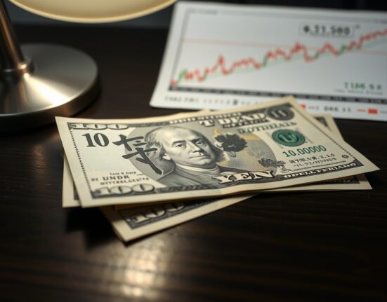 Japanese yen banknote and U.S. dollar on desk with financial chart in background