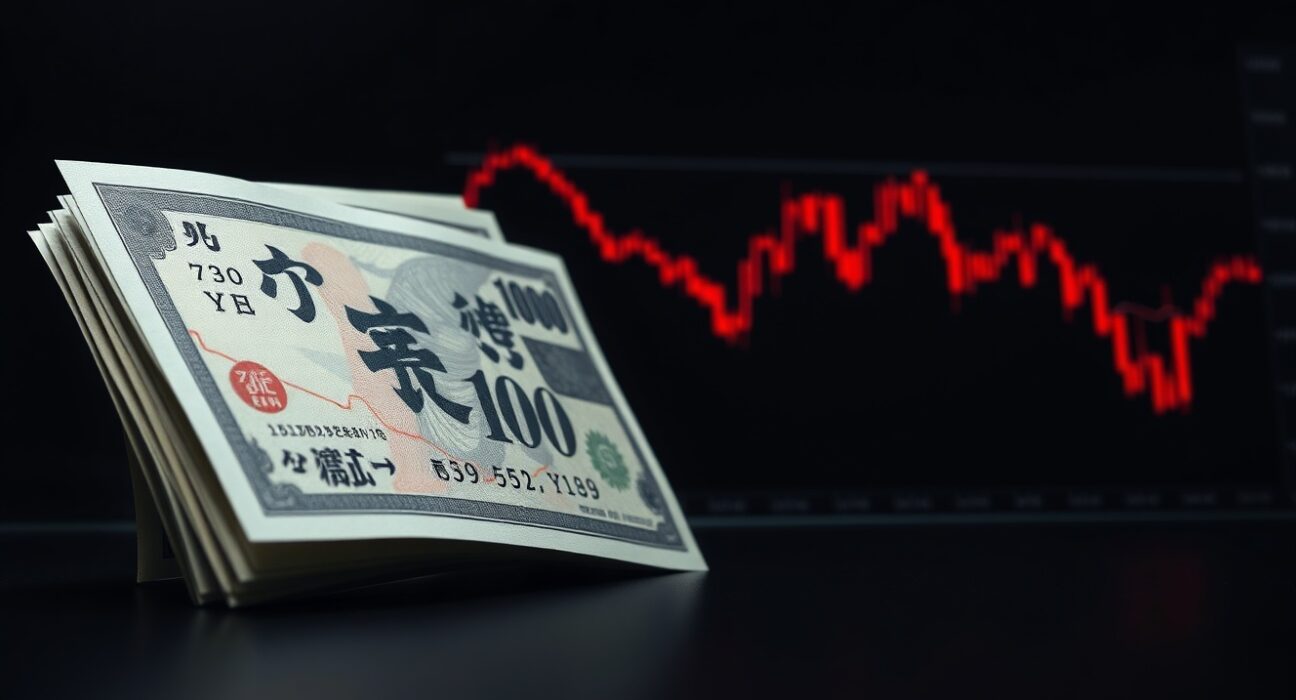 Japanese Yen banknotes with financial chart showing depreciation after Trump Iran war comments