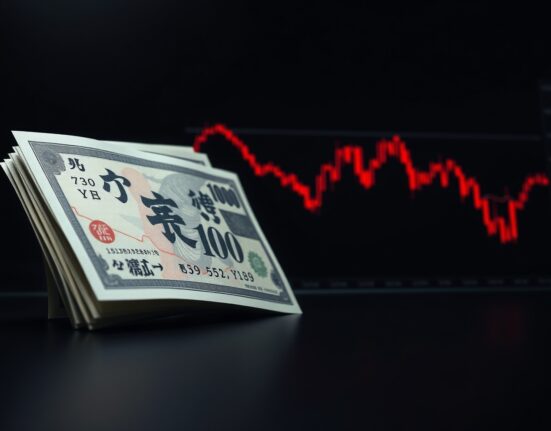 Japanese Yen banknotes with financial chart showing depreciation after Trump Iran war comments