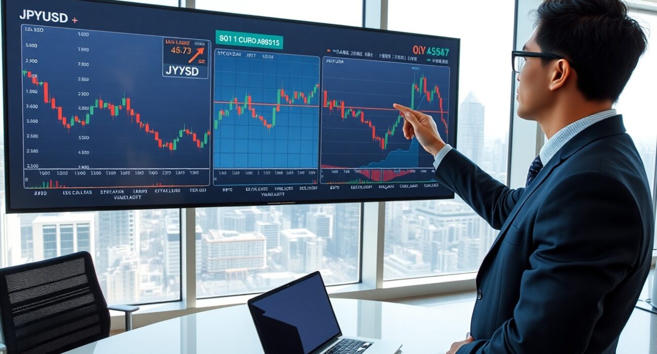 Financial analyst in Tokyo examining Japanese Yen currency charts showing volatility and economic risk indicators