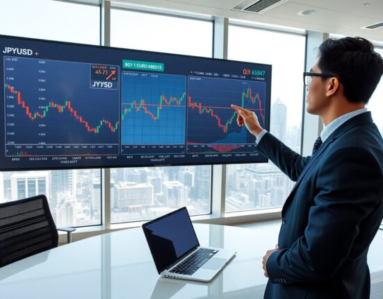 Financial analyst in Tokyo examining Japanese Yen currency charts showing volatility and economic risk indicators