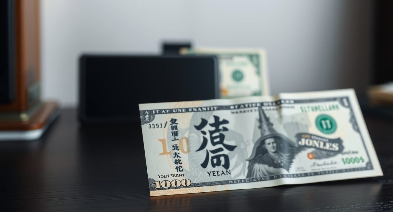 Japanese yen and US dollar banknotes on a desk representing currency exchange rate movements