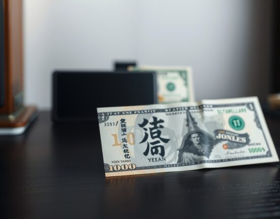 Japanese yen and US dollar banknotes on a desk representing currency exchange rate movements