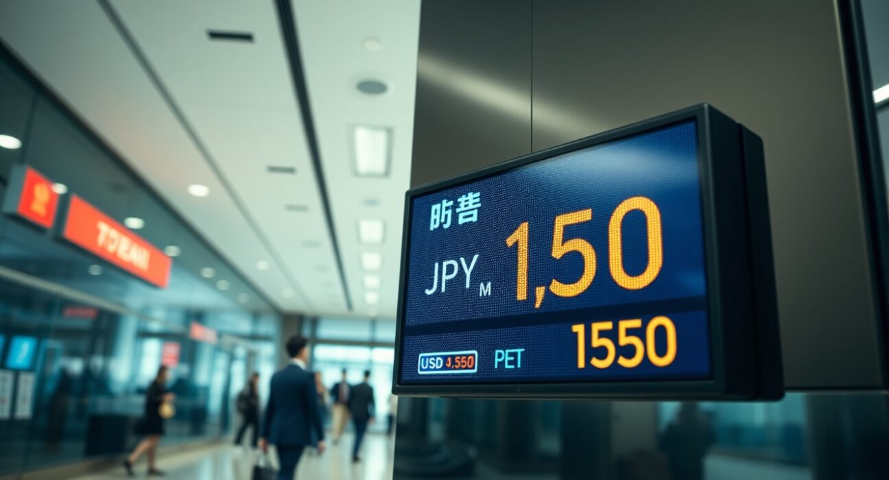Digital currency exchange board in Tokyo showing high USD/JPY rate near two-year low for yen