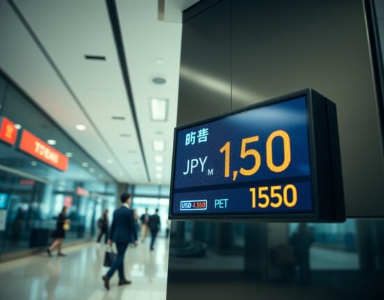 Digital currency exchange board in Tokyo showing high USD/JPY rate near two-year low for yen