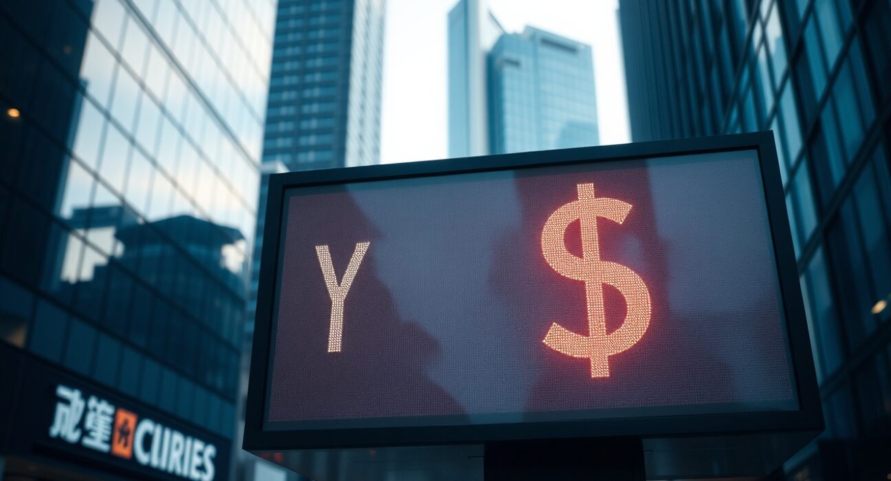 Currency exchange board in Tokyo financial district showing yen and dollar symbols