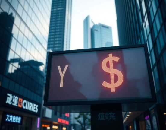 Currency exchange board in Tokyo financial district showing yen and dollar symbols