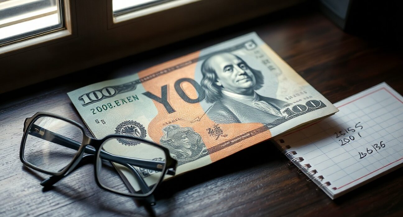 Japanese Yen and US Dollar banknotes on a desk with glasses and notepad, representing forex analysis.