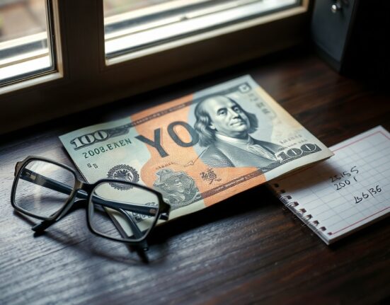 Japanese Yen and US Dollar banknotes on a desk with glasses and notepad, representing forex analysis.