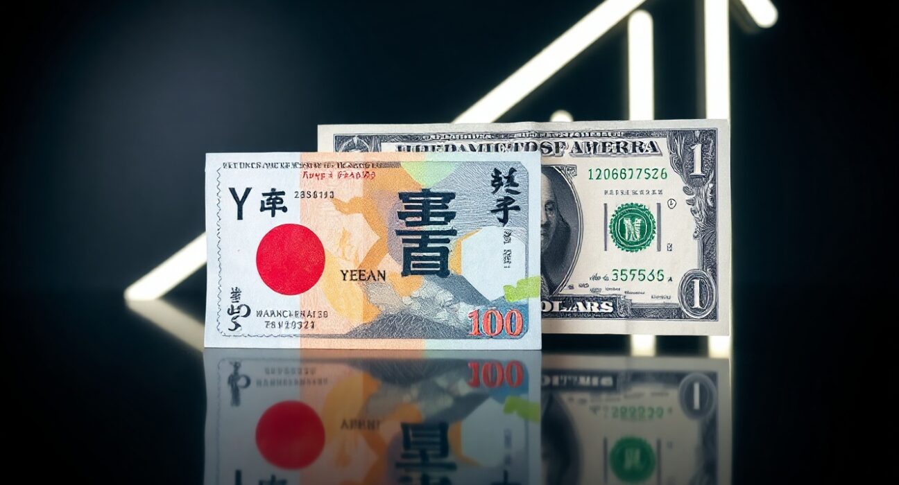 Japanese Yen banknotes and US Dollar bills on a dark surface, symbolizing the USD/JPY currency pair analysis.