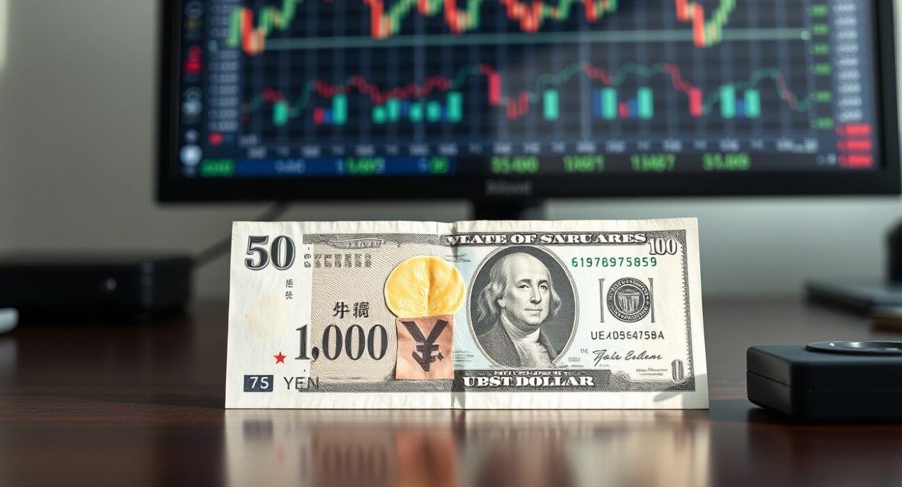 Japanese Yen and US Dollar banknotes on a desk with blurred financial charts in background.