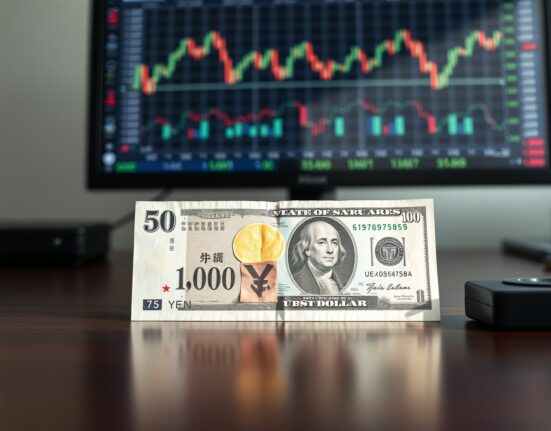 Japanese Yen and US Dollar banknotes on a desk with blurred financial charts in background.