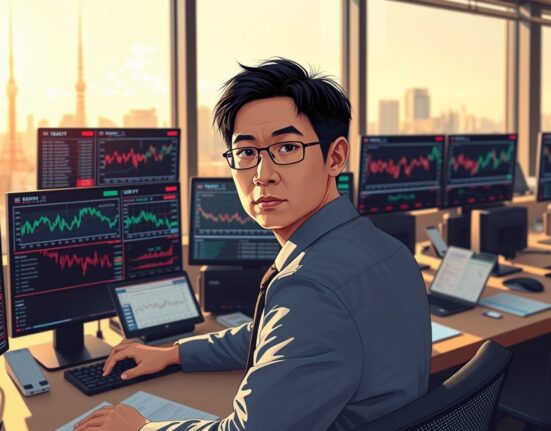 Tokyo financial analyst monitoring Japanese Yen currency trading data ahead of US inflation report