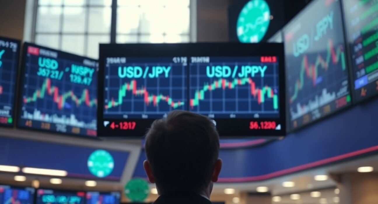 USD/JPY exchange rate chart displayed on a trading screen in a financial office